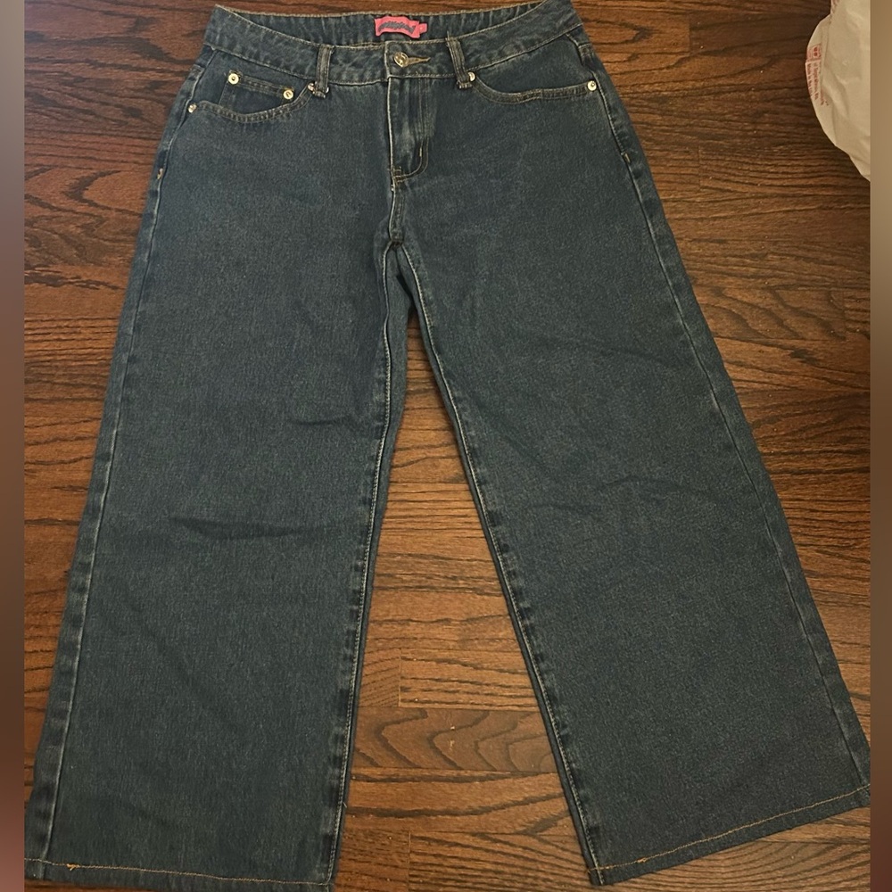 edikted blue dark wash wide leg jeans